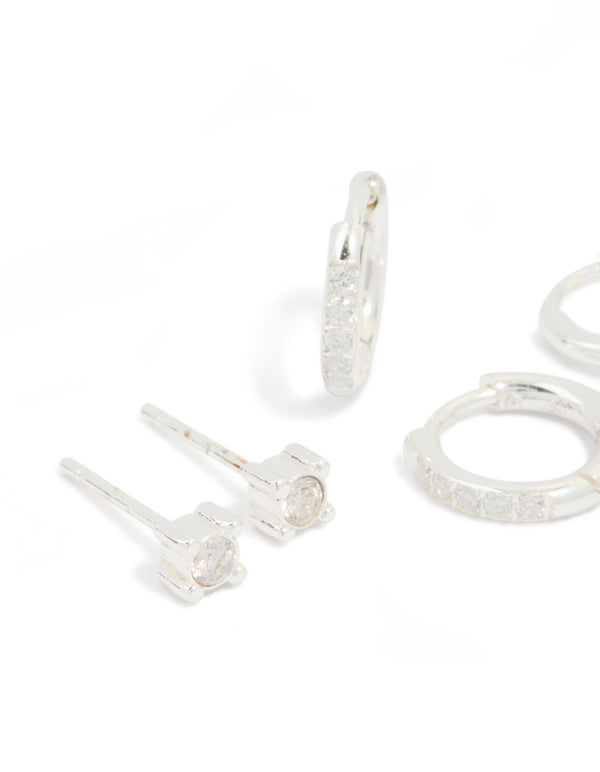 Presenting waterproof stainless steel diamante stud and huggie earrings in a 3-pack in silver and clear close up view