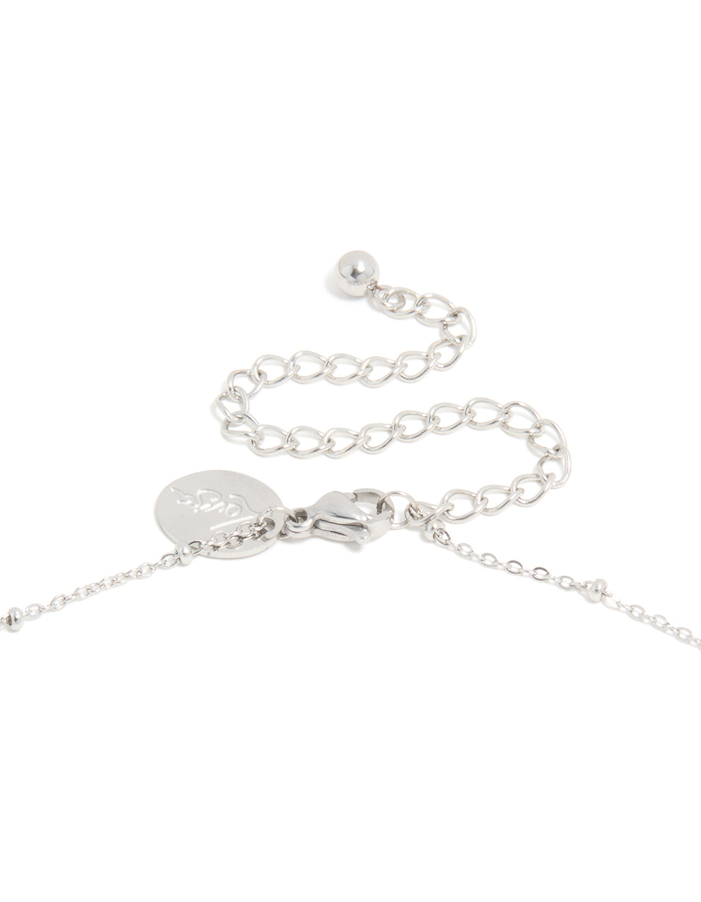 Highlighting waterproof stainless steel lady figure pendant necklace with angel balls in silver clasp detail view