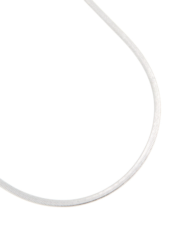 Showcasing a waterproof stainless steel fine flat snake chain necklace in silver close up view