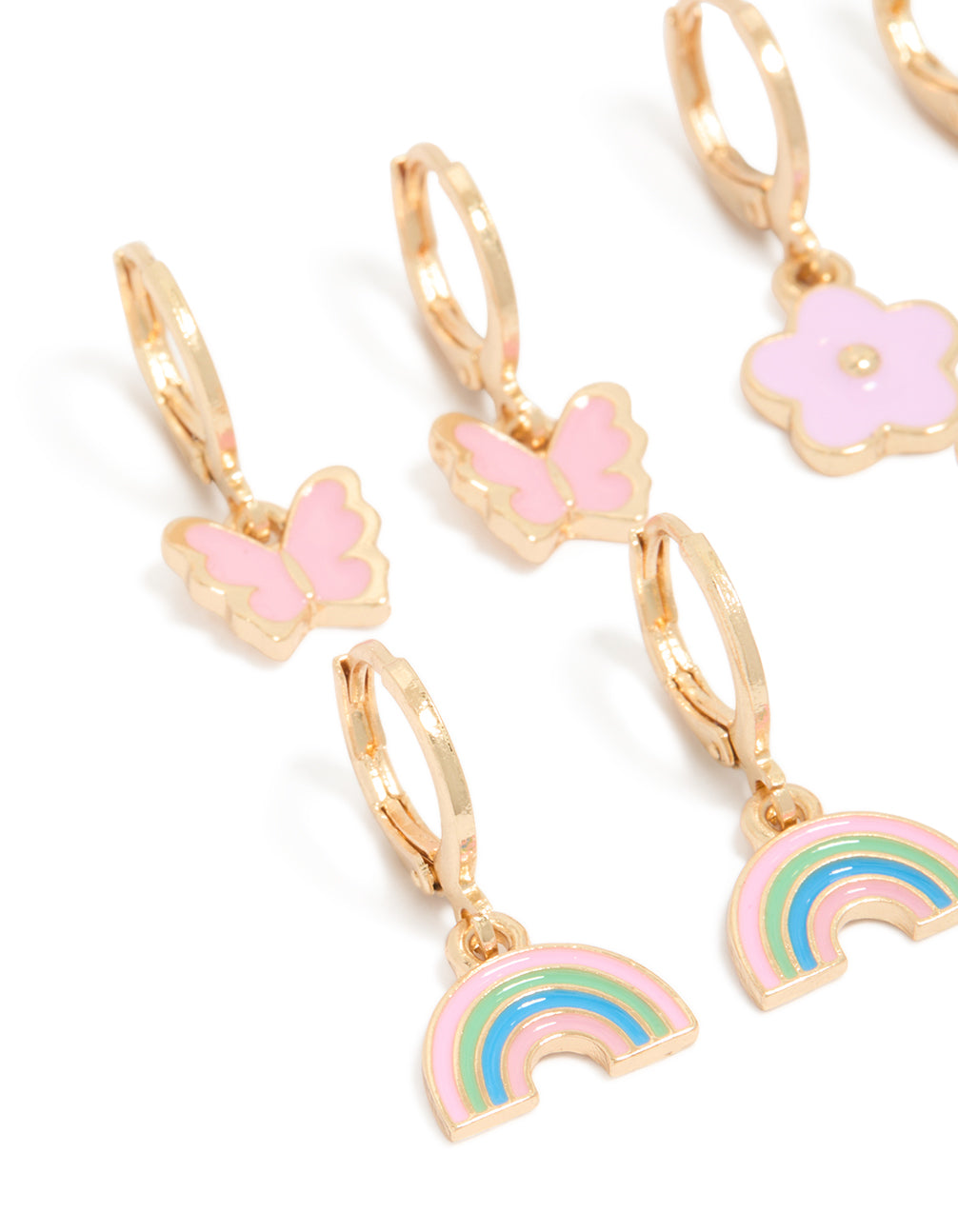 Discover kids gold bunny garden earrings 4-pack with animal, butterfly and floral huggie closure in light pink ivory aqua close up view