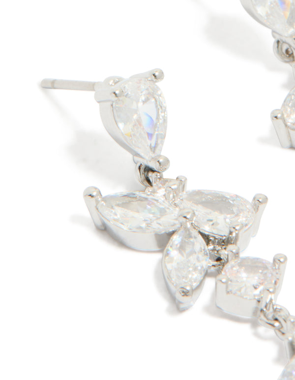 Silver Cubic Zirconia Dainty Floral Drop Earrings