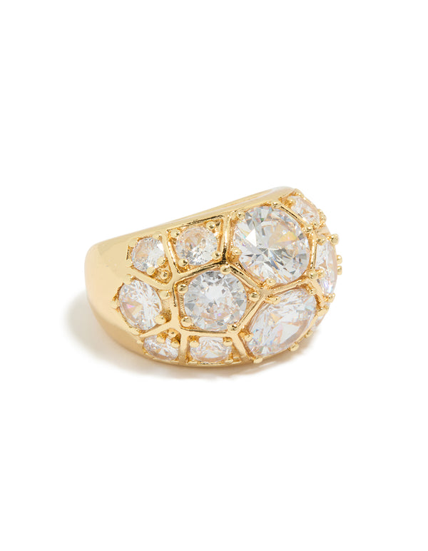 Stunning statement ring crafted from gold plated material featuring large diamantes front view