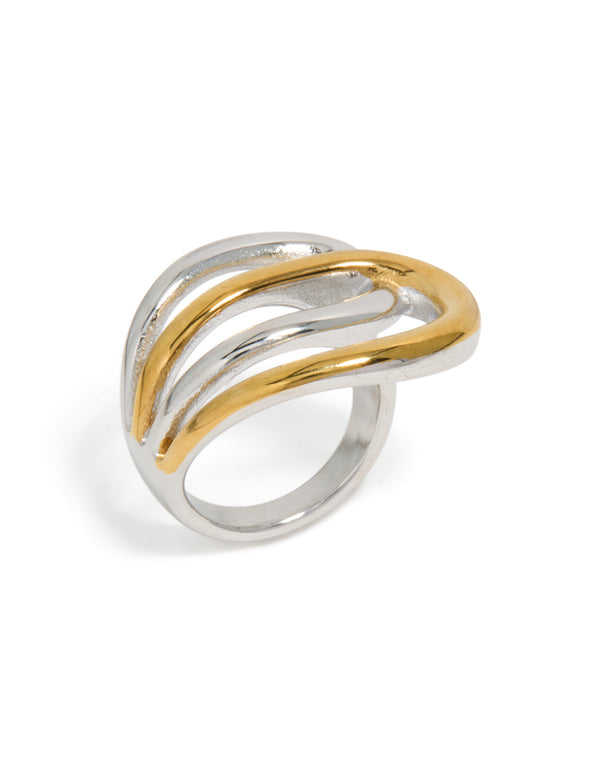 Presenting a waterproof mixed metal plated stainless steel large double loop ring in gold and silver with statement chunky details side detail view