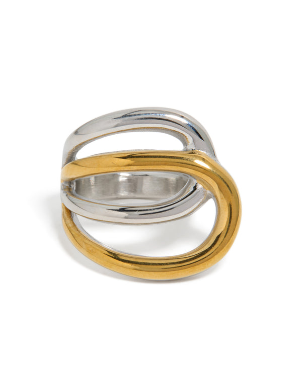 Highlighting a waterproof mixed metal plated stainless steel large double loop ring in gold and silver with statement chunky craftsmanship close up view