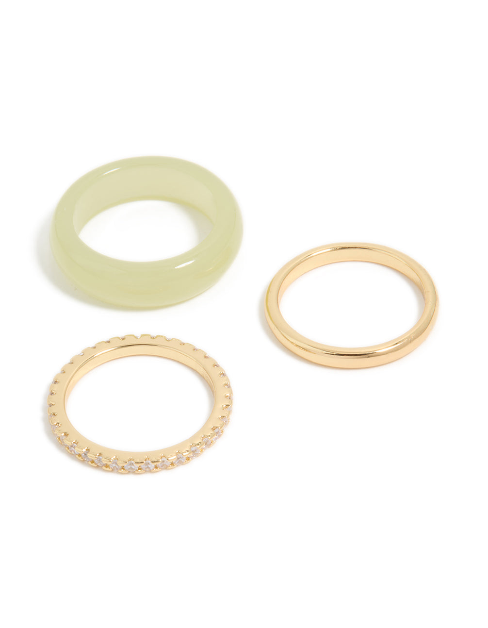 Showcase a set of three statement rings with cubic zirconia, gold plated, and acrylic materials in gold, khaki, and clear stones front view