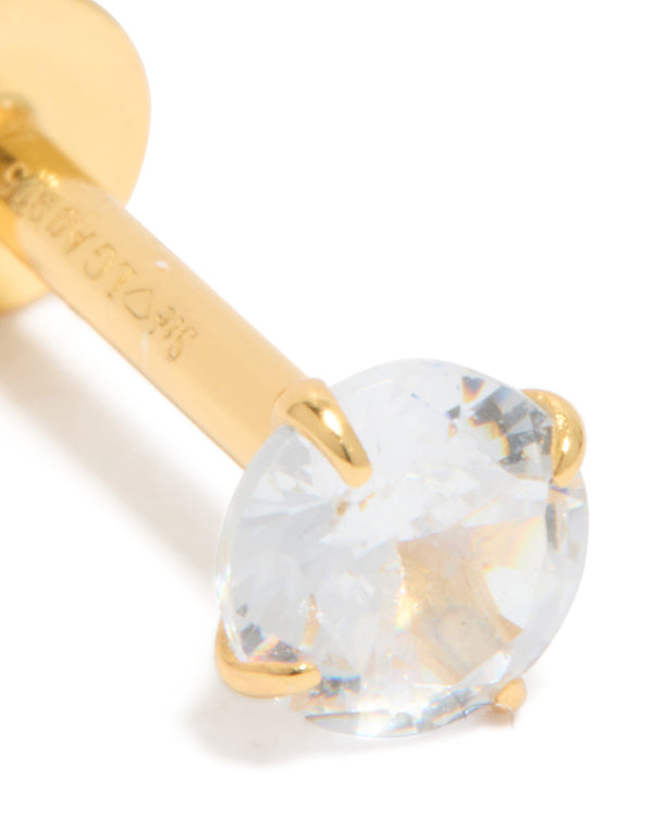 Elegantly designed gold plated sterling silver round cubic zirconia flat back single stud with crystal close up view