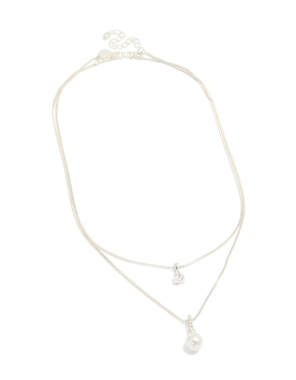 Featuring a silver plated double layered cubic zirconia and pearl necklace front view