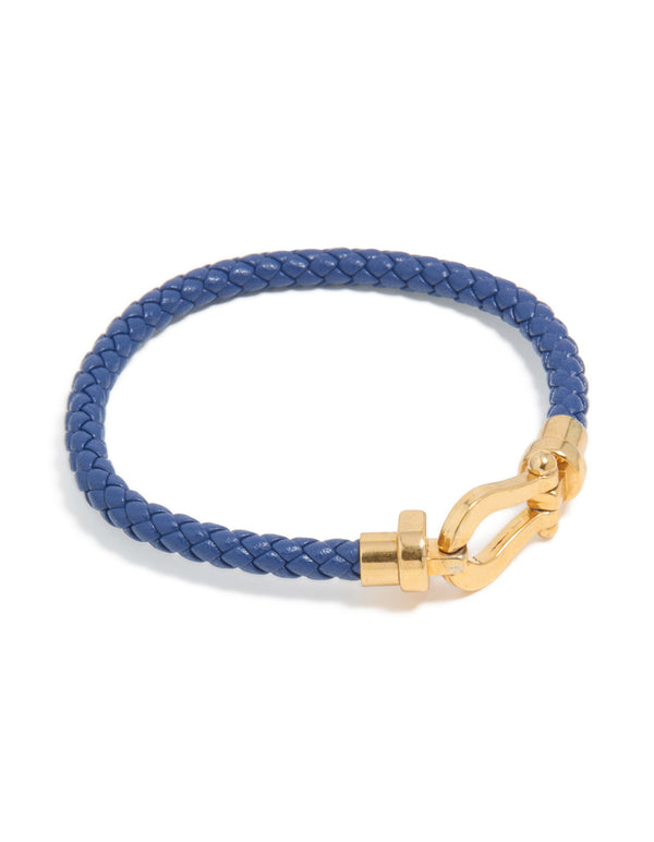 Crafted from waterproof gold plated stainless steel with blue PU leather braided chunky link bracelet in royal blue front view