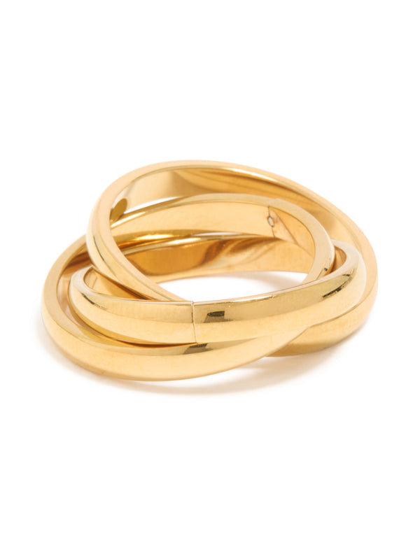 Crafted from waterproof gold plated stainless steel, this triple layered twist moving ring features a dainty design front view