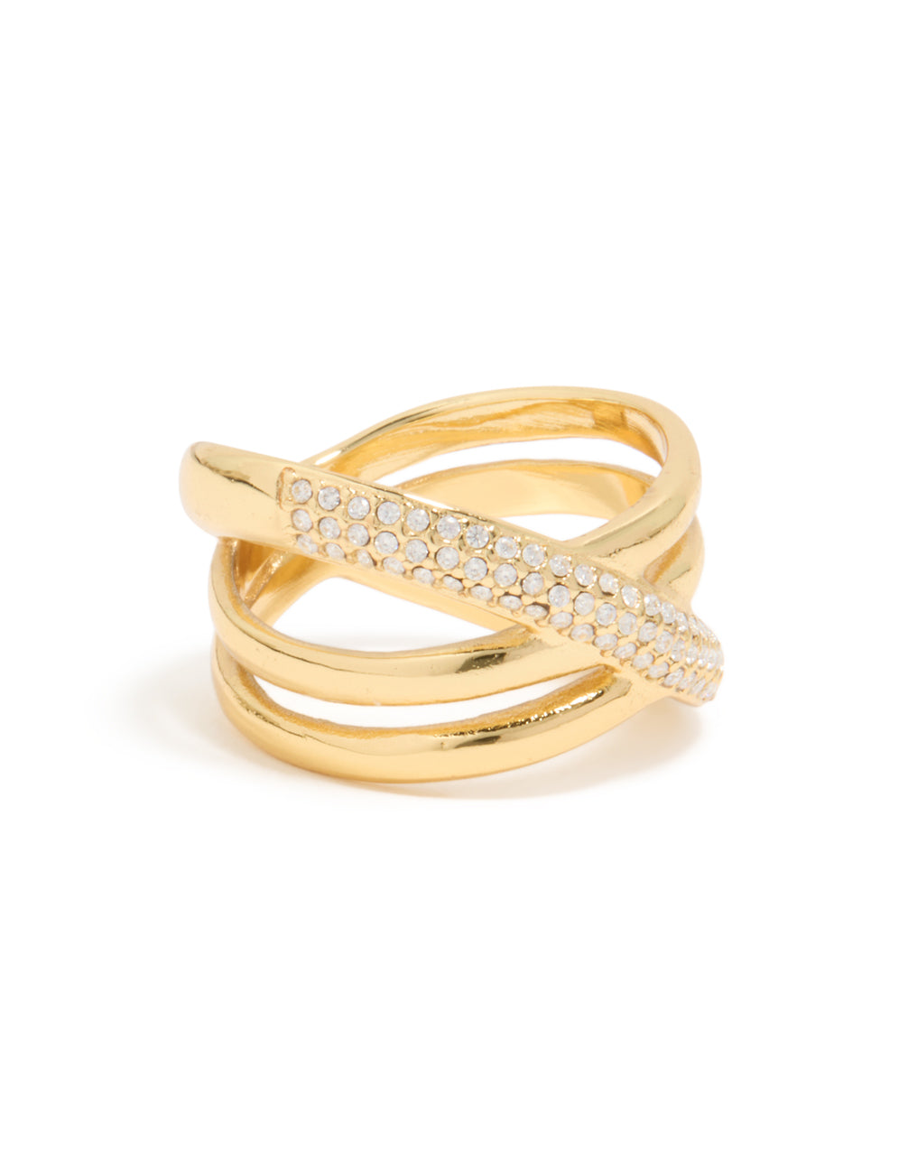 Discover this waterproof stainless steel criss cross pave ring with cubic zirconia in statement style and gold plating front view