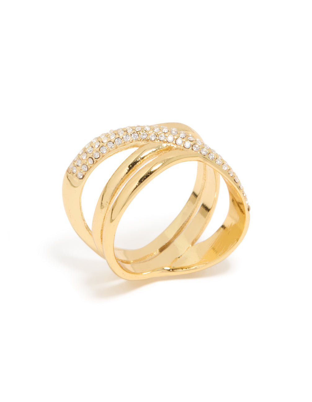 Stunning waterproof stainless steel criss cross pave ring featuring cubic zirconia with statement style and gold plating side detail view