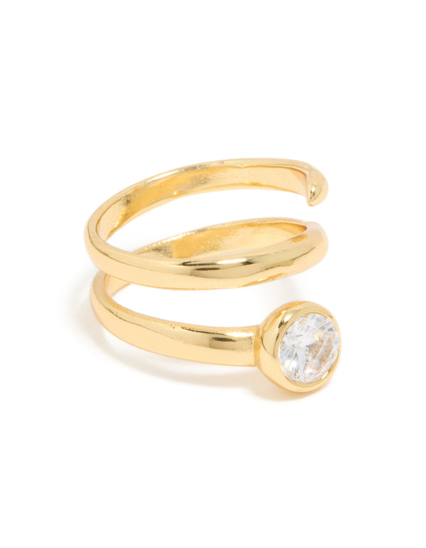 Crafted from waterproof gold plated stainless steel, this diamante swirl ring features clear stones in a spiral design front view