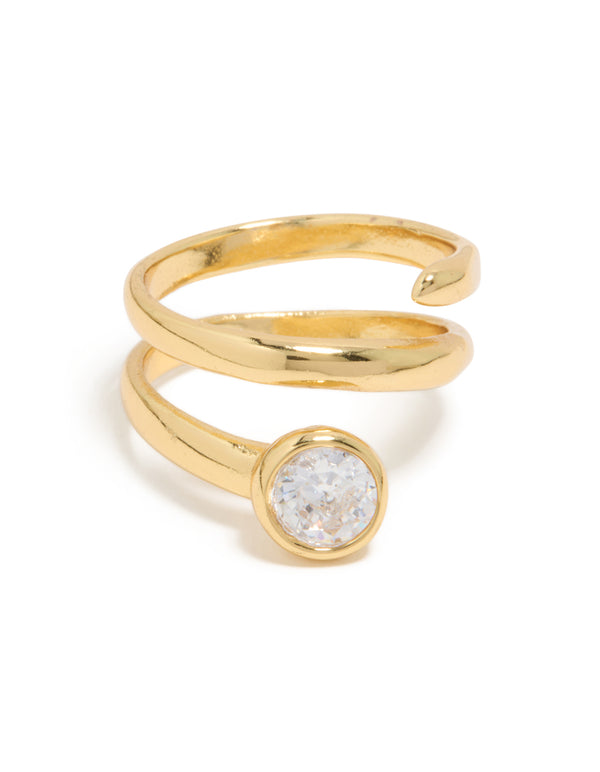 Designed with waterproof gold plated stainless steel and clear tone diamante stones in a swirl ring close up view