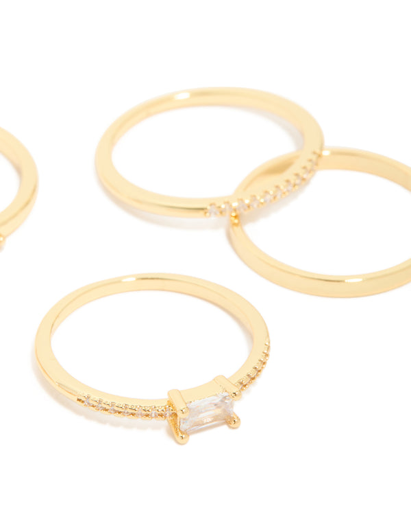 Crafted from gold plated open rectangular cubic zirconia rings in a 5-pack side detail view