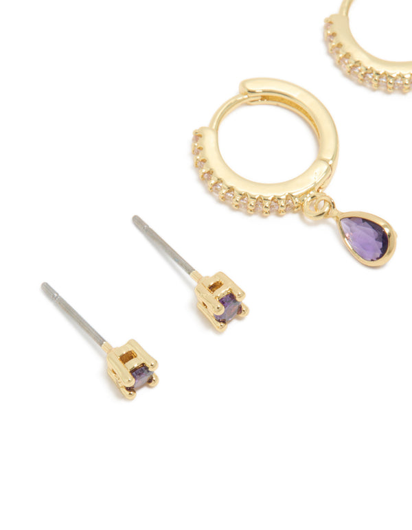 Gold Plated Brass Amethyst Cubic Zirconia February Birthstone Earrings 2 Pack
