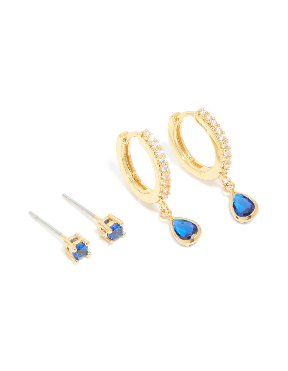 Gold Plated Brass Sapphire Cubic Zirconia September Birthstone Earrings 2-Pack