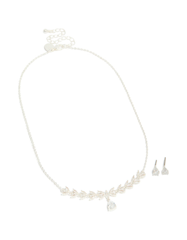 Silver Plated Cubic Zirconia Dainty Vine Drop Earrings & Necklace Jewellery Set