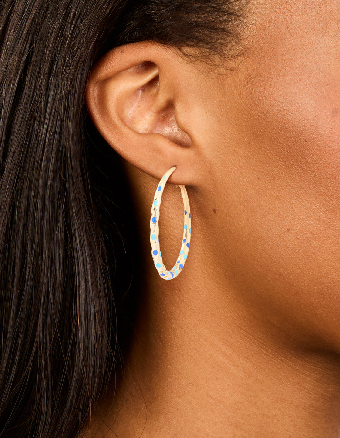Gold Light & Dark Blue Enamel Dotted Large Thin Hoop Earrings