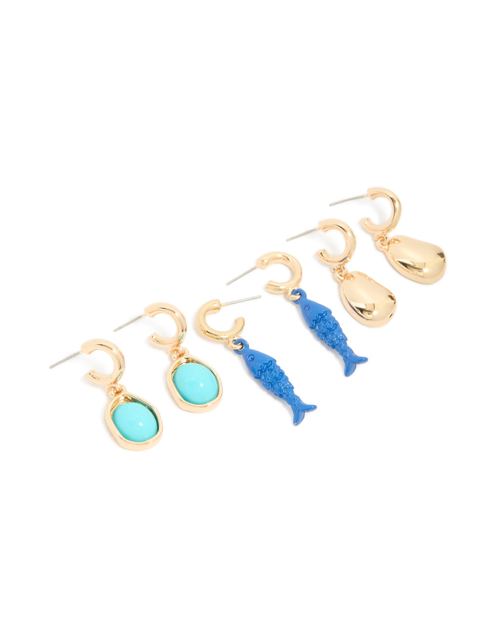 Gold Small Fish & Pebble Open Hoop Earrings 3-Pack