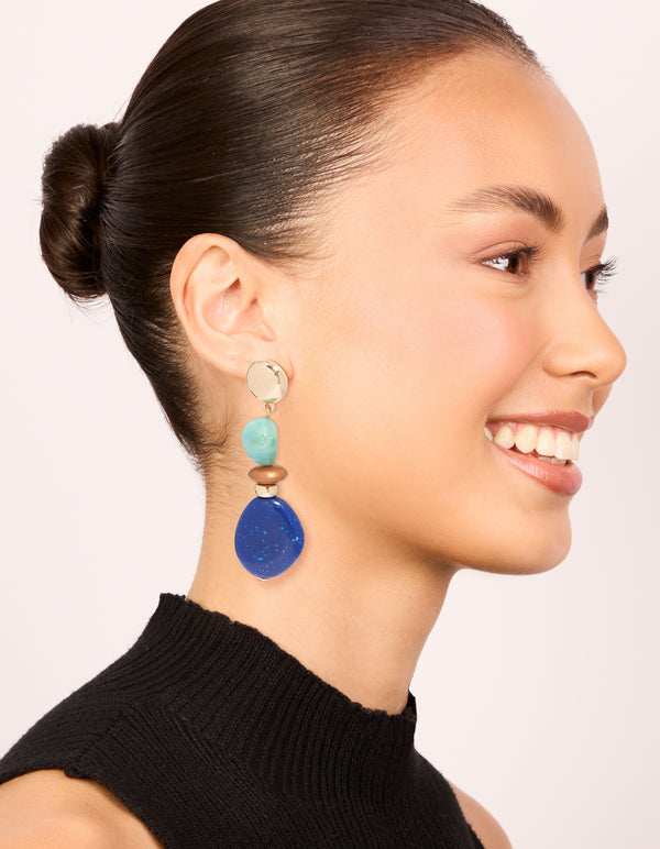 Gold Light & Dark Blue Acrylic Bead Drop Earrings
