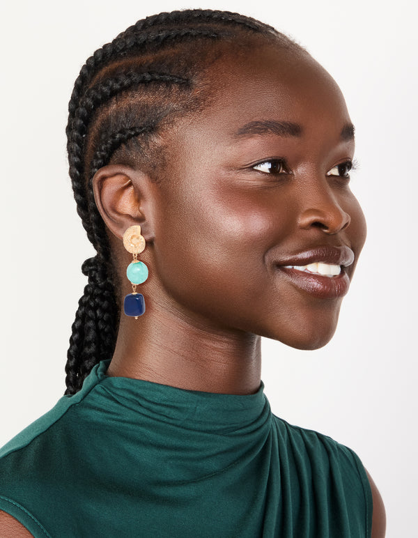 Gold Shell & Blue Beaded Drop Earrings