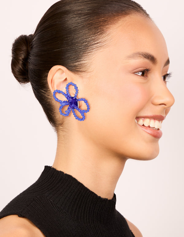 Dark Blue Beaded Flower Outline Stud Earrings