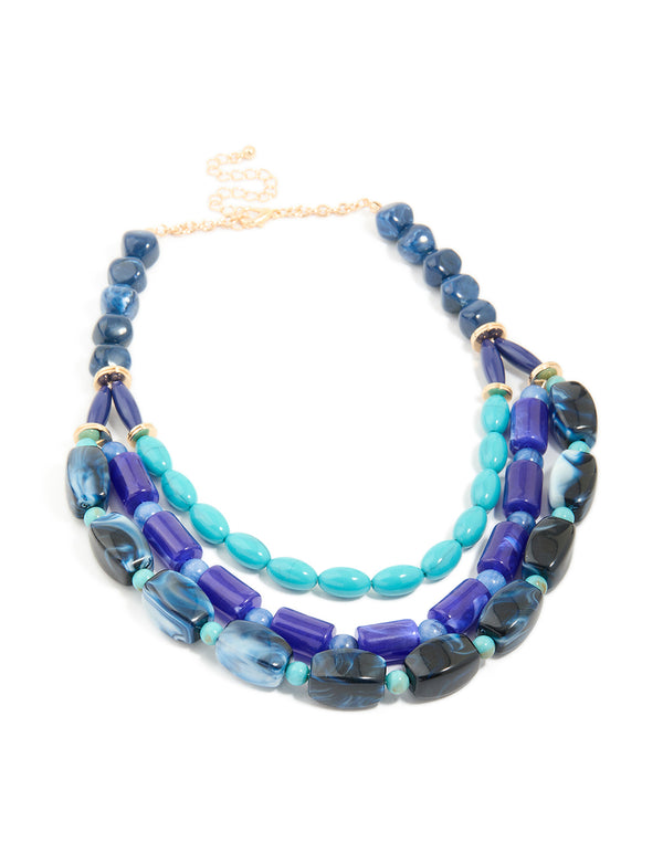 Gold Light & Dark Blue Acrylic Beaded Layered Chain Necklace