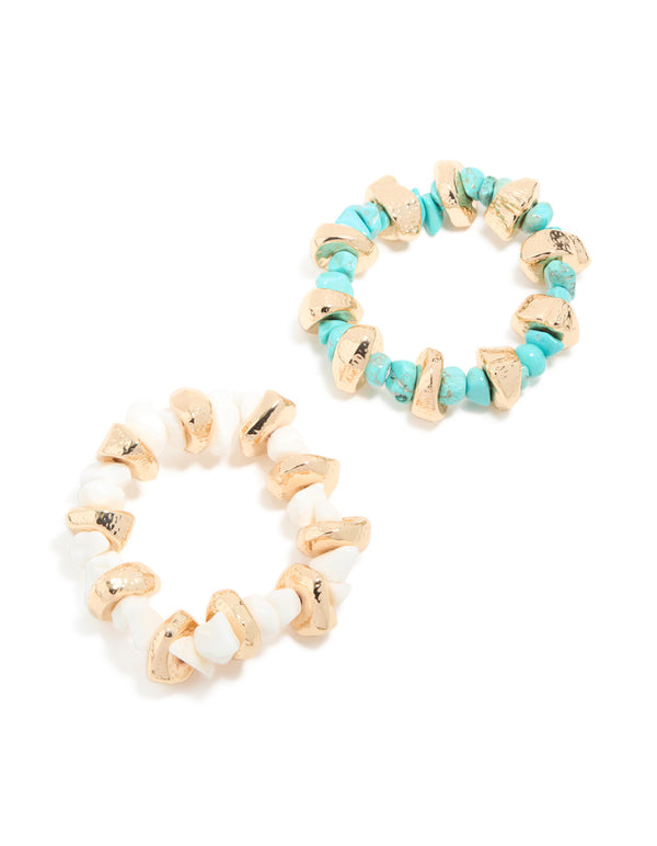 Featuring beaded stretch bracelets in a 2-pack with blue, gold, and white front view