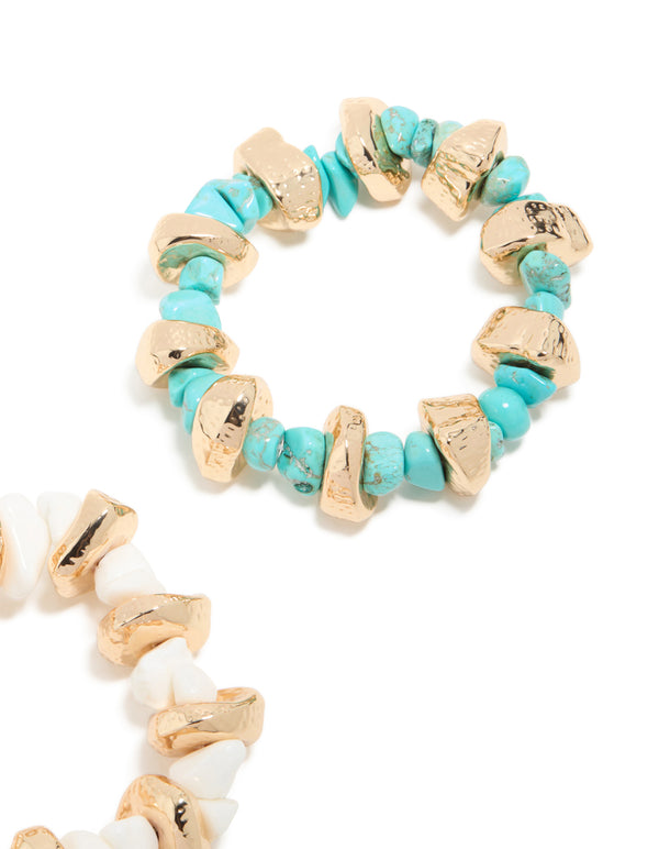 Crafted from blue, gold, and white beaded stretch bracelets in 2-pack close up view