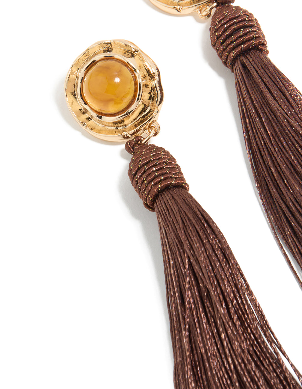 Gold Yellow Stone & Brown Knotted Tassel Drop Earrings