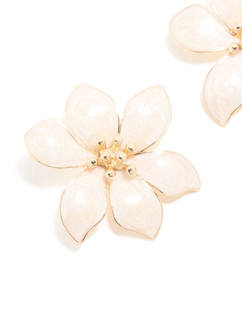 Gold Cream Enamel Swirl Statement Flower Stud Earrings