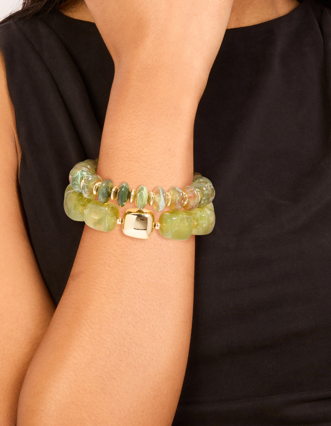 Gold Green Beaded Stretch Bracelets 2-Pack