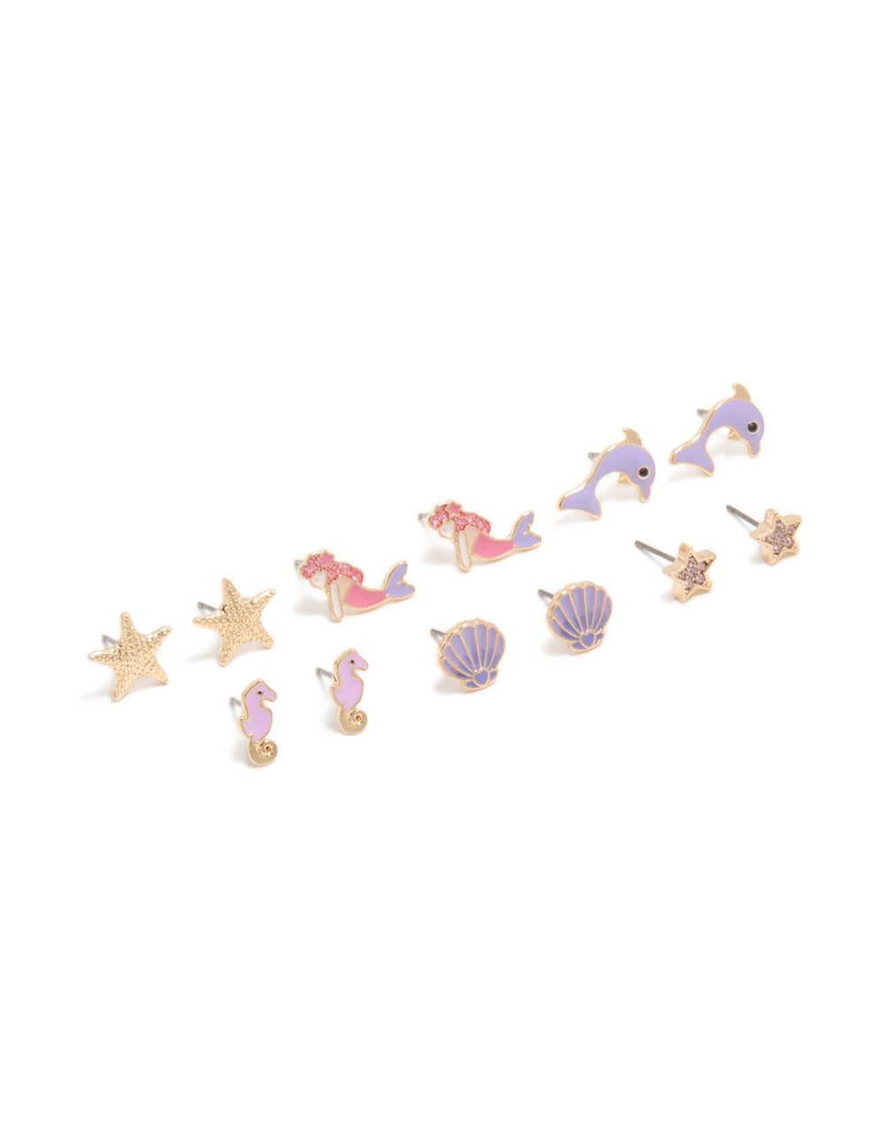 Kids Gold Mermaid & Dolphin Stud Earrings 6-Pack