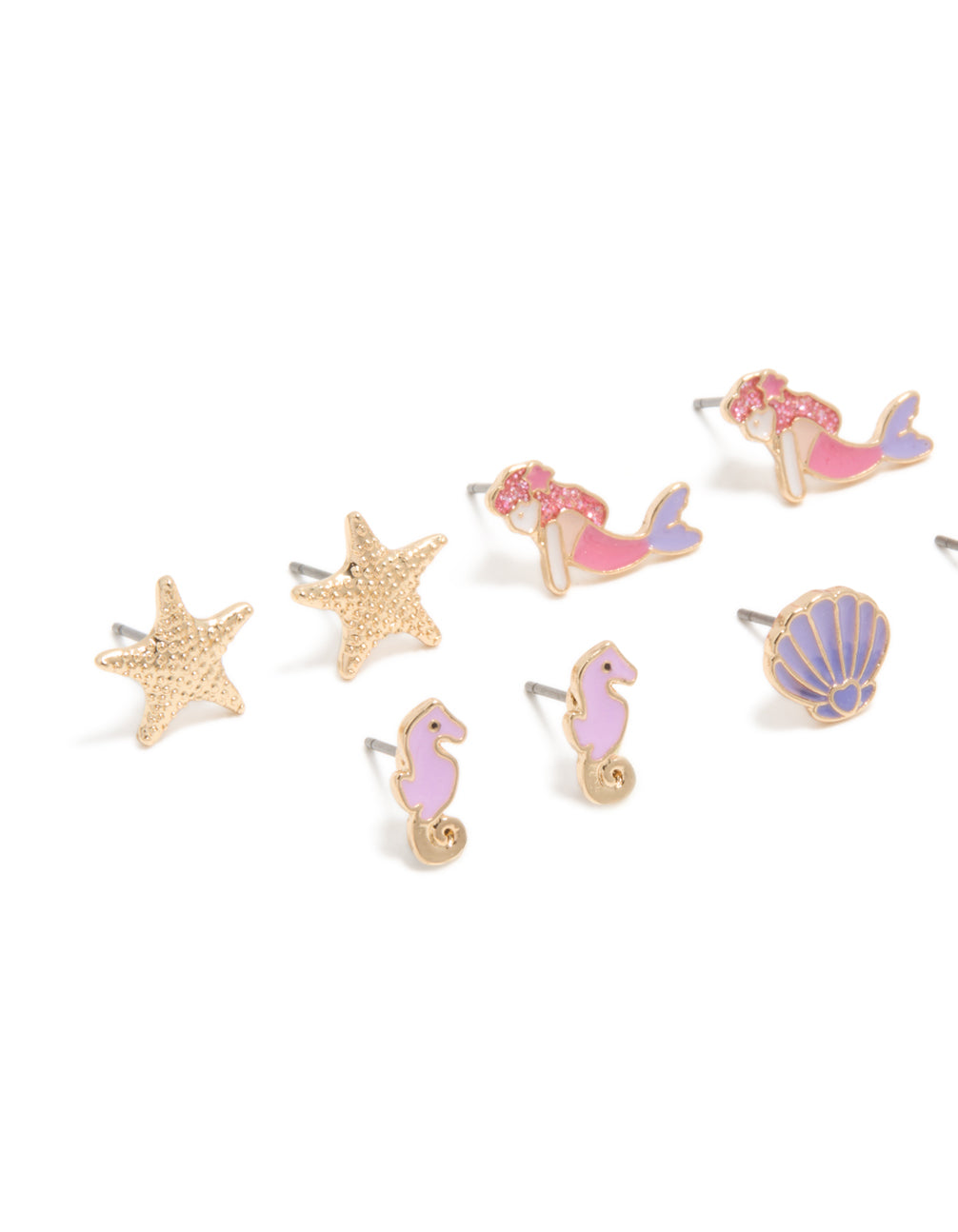 Kids Gold Mermaid & Dolphin Stud Earrings 6-Pack