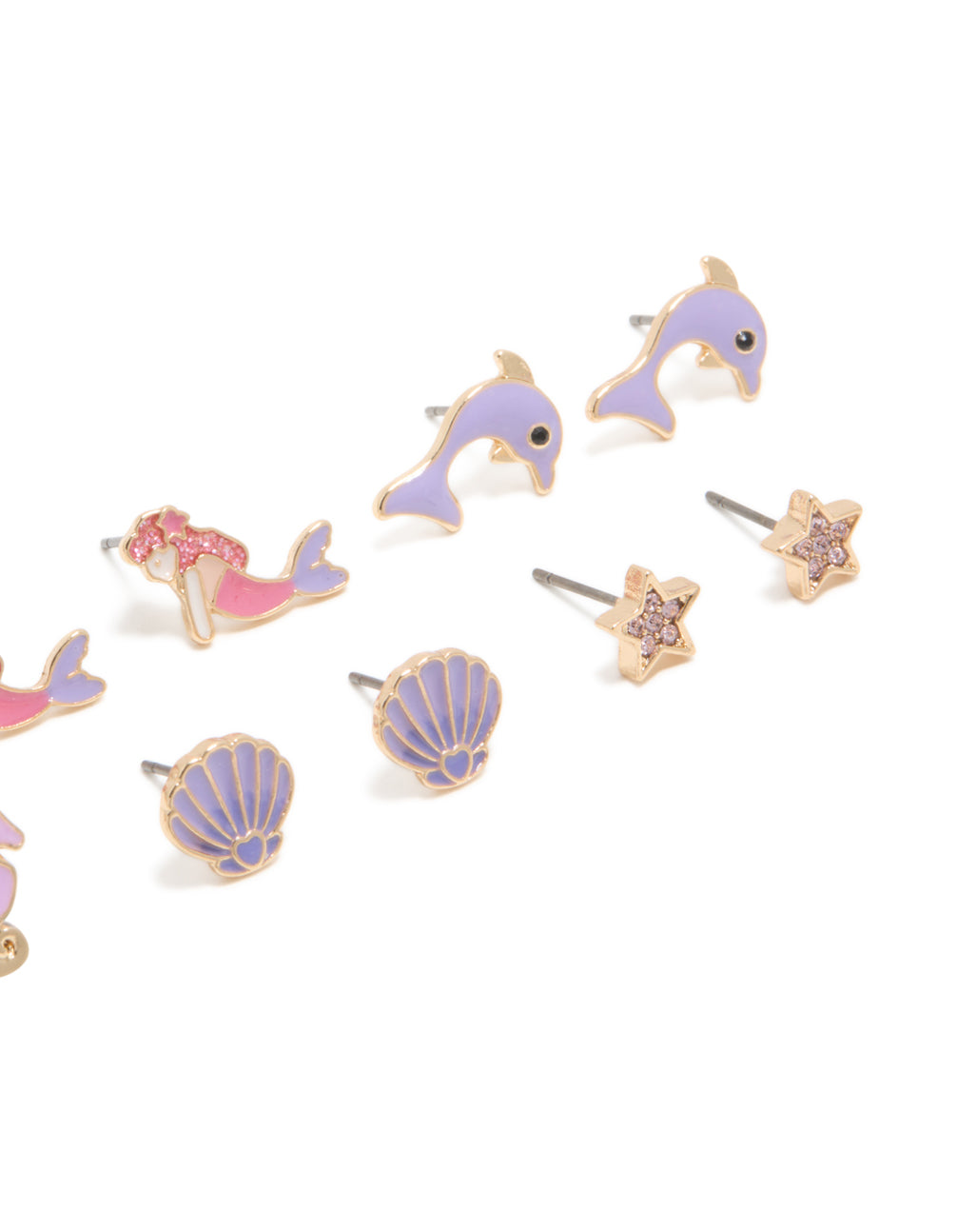 Kids Gold Mermaid & Dolphin Stud Earrings 6-Pack