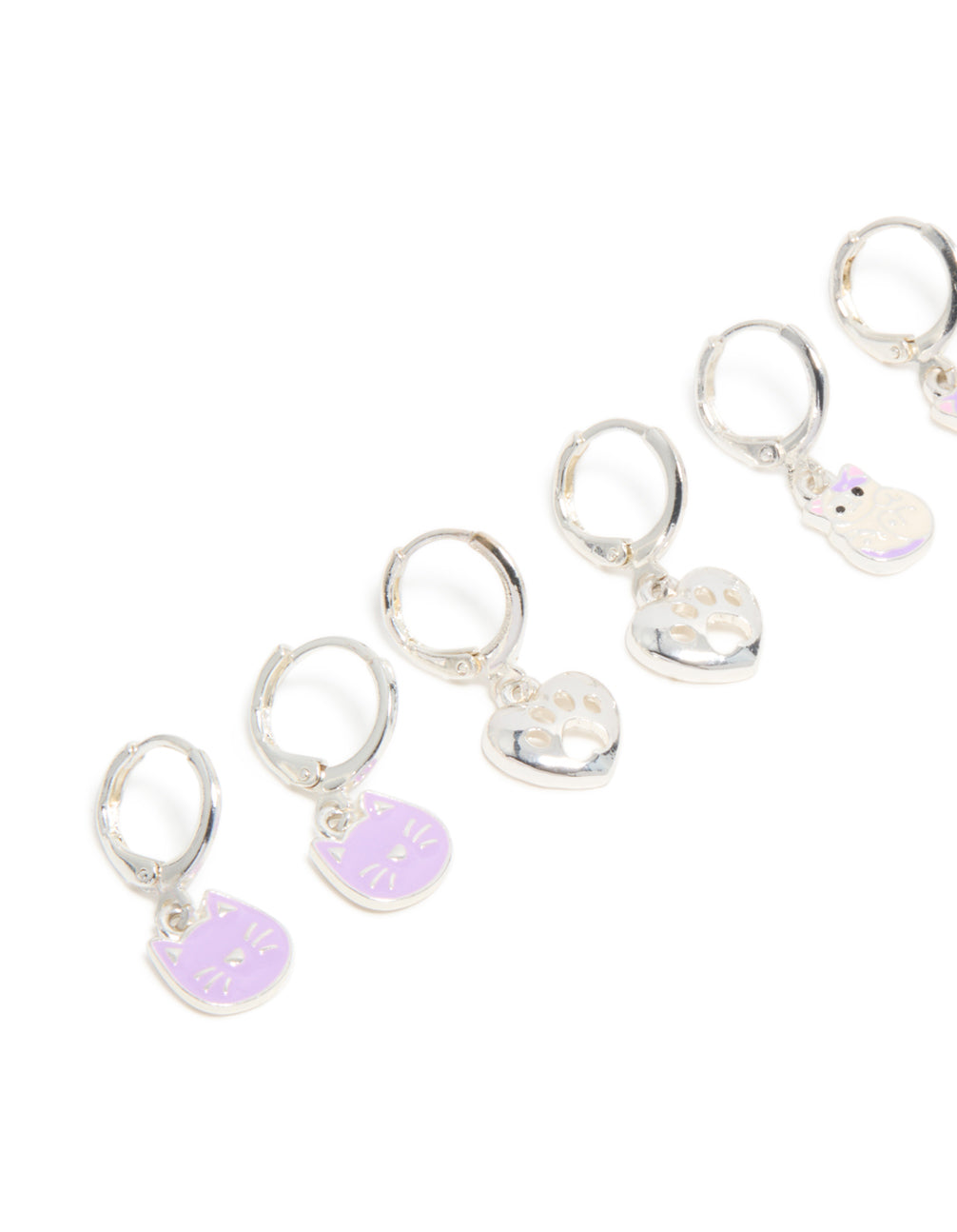 Kids Silver Cat & Paw Huggie Earrings 4-Pack