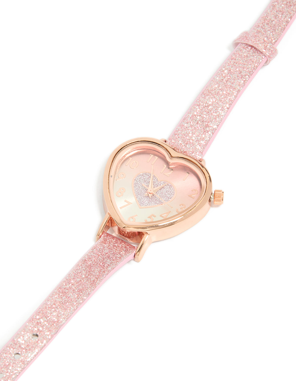 Showcasing a kids’ pink glitter PU leather heart watch for women, featuring an analog number display, designed for casual occasions with a detailed view of the watch case view