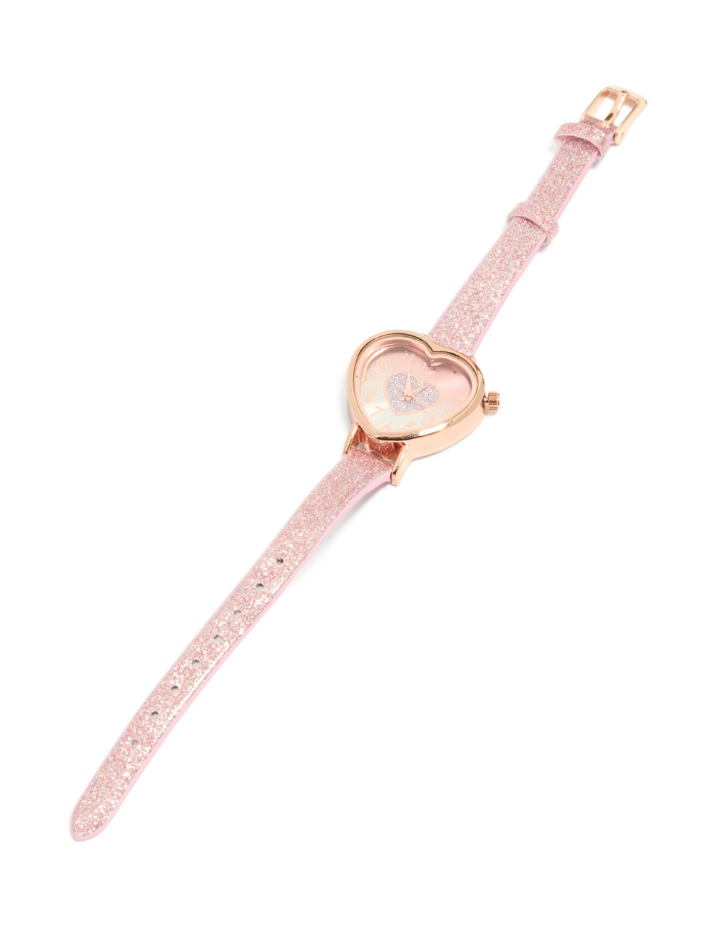 Discover a kids pink glitter PU leather heart watch featuring numbers analog display for women in casual style front view