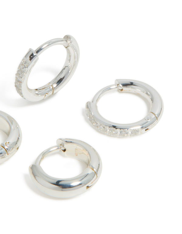 Waterproof Stainless Steel Pave & Plain Huggie Earrings 2-Pack