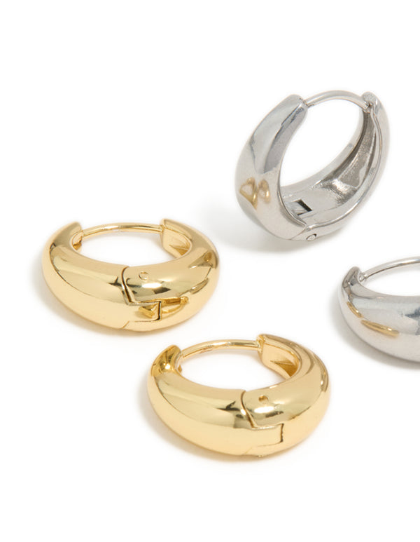 Designed with waterproof mixed metal plated stainless steel tapered mini huggie earrings 2-pack in gold and silver close up