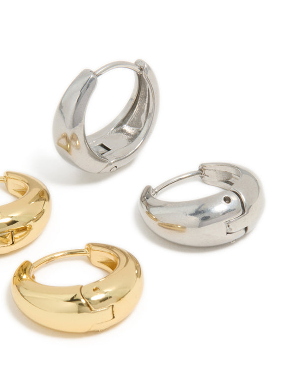 Crafted from waterproof mixed metal plated stainless steel tapered mini huggie earrings 2-pack featuring gold and silver post detail
