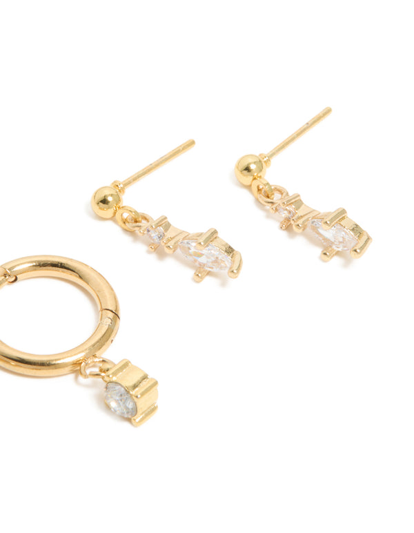 Waterproof Gold Plated Stainless Steel Cubic Zirconia Huggie & Drop Earrings 2-Pack