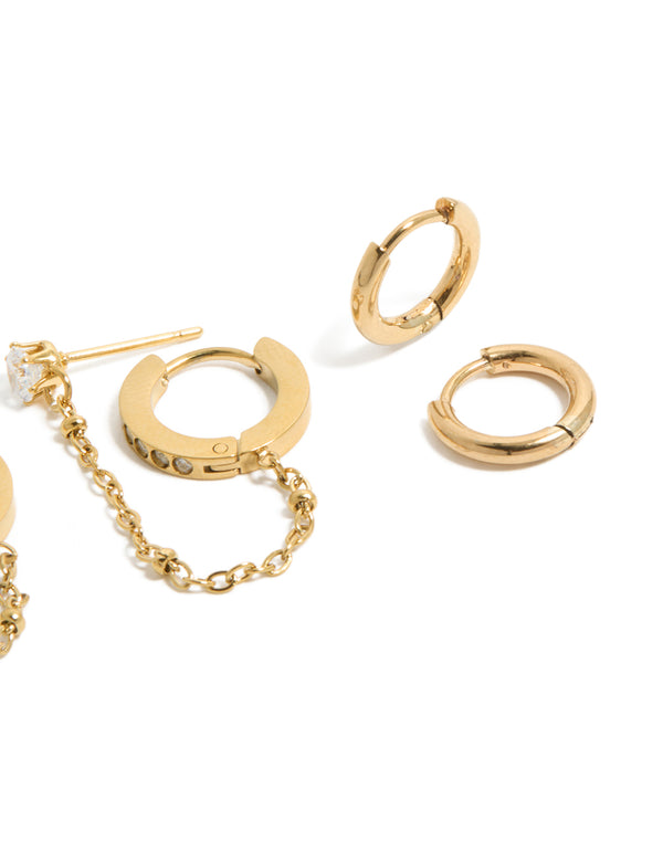 Waterproof Gold Plated Stainless Steel Studs & Chain Earrings 4-Pack