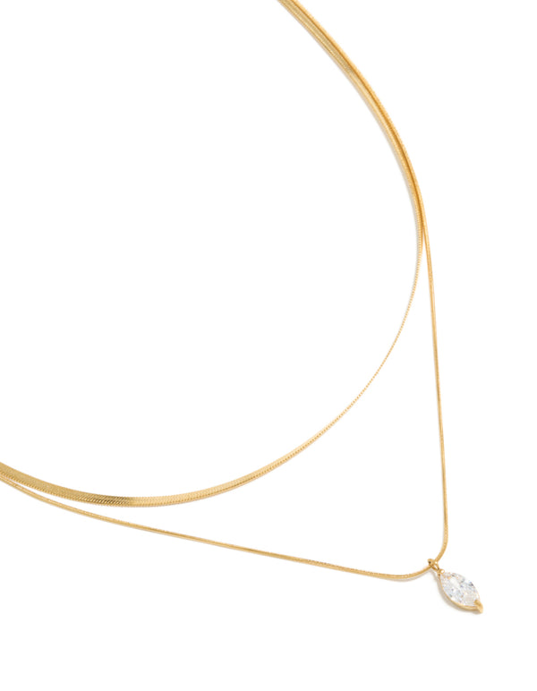 Waterproof Gold Plated Stainless Steel Marquise Cubic Zirconia Layered Necklace