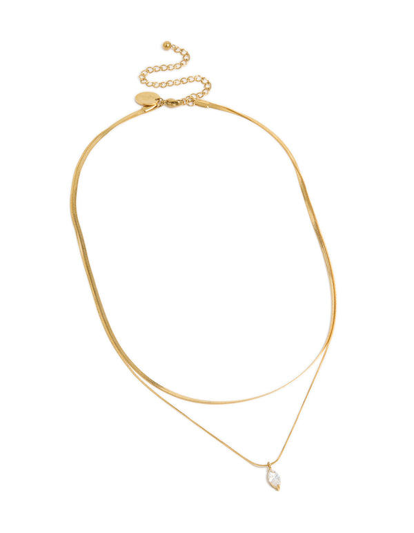 Waterproof Gold Plated Stainless Steel Marquise Cubic Zirconia Layered Necklace