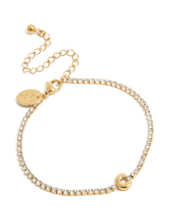 Waterproof Gold Plated Stainless Steel Cubic Zirconia Letter C Tennis Bracelet