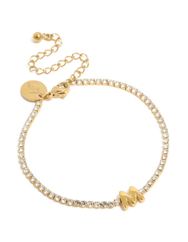 Waterproof Gold Plated Stainless Steel Cubic Zirconia Letter M Tennis Bracelet