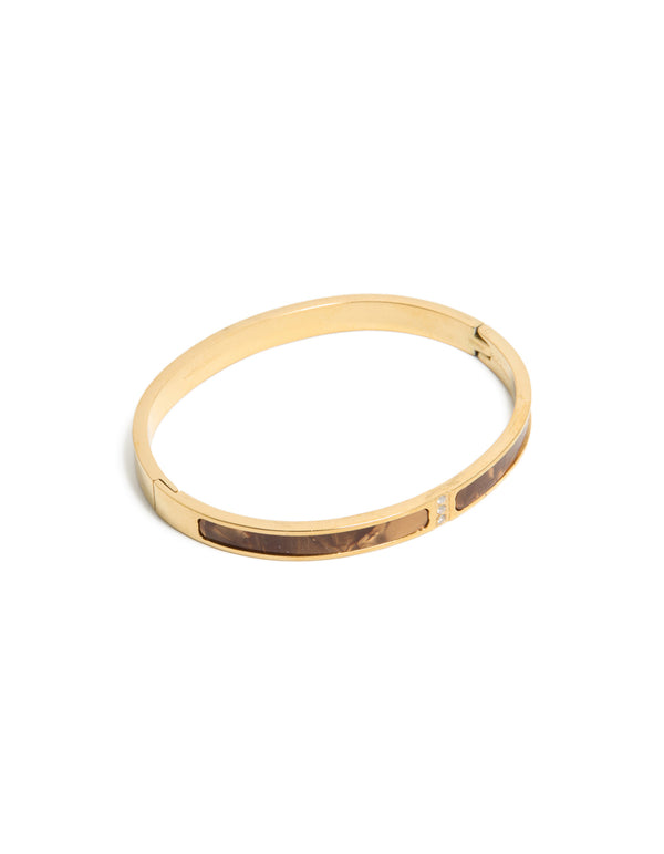 Stunning waterproof gold plated stainless steel hinged bangle featuring brown pearlised inlay in front view
