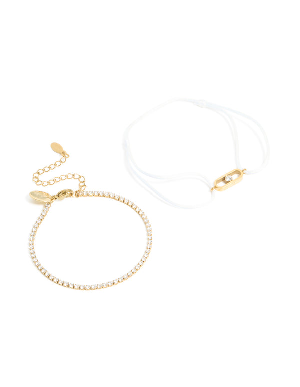 Waterproof Gold Plated Stainless Steel Cubic Zirconia Tennis & White Cord Bracelet Set