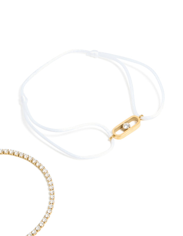 Waterproof Gold Plated Stainless Steel Cubic Zirconia Tennis & White Cord Bracelet Set